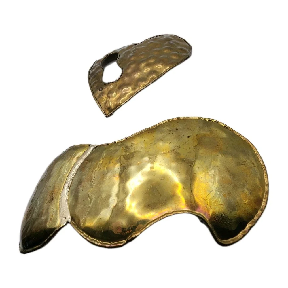 Vintage Artisan Hammered Brass Heart Scarf Clip Slide Brutalist Belt Buckle Pair
